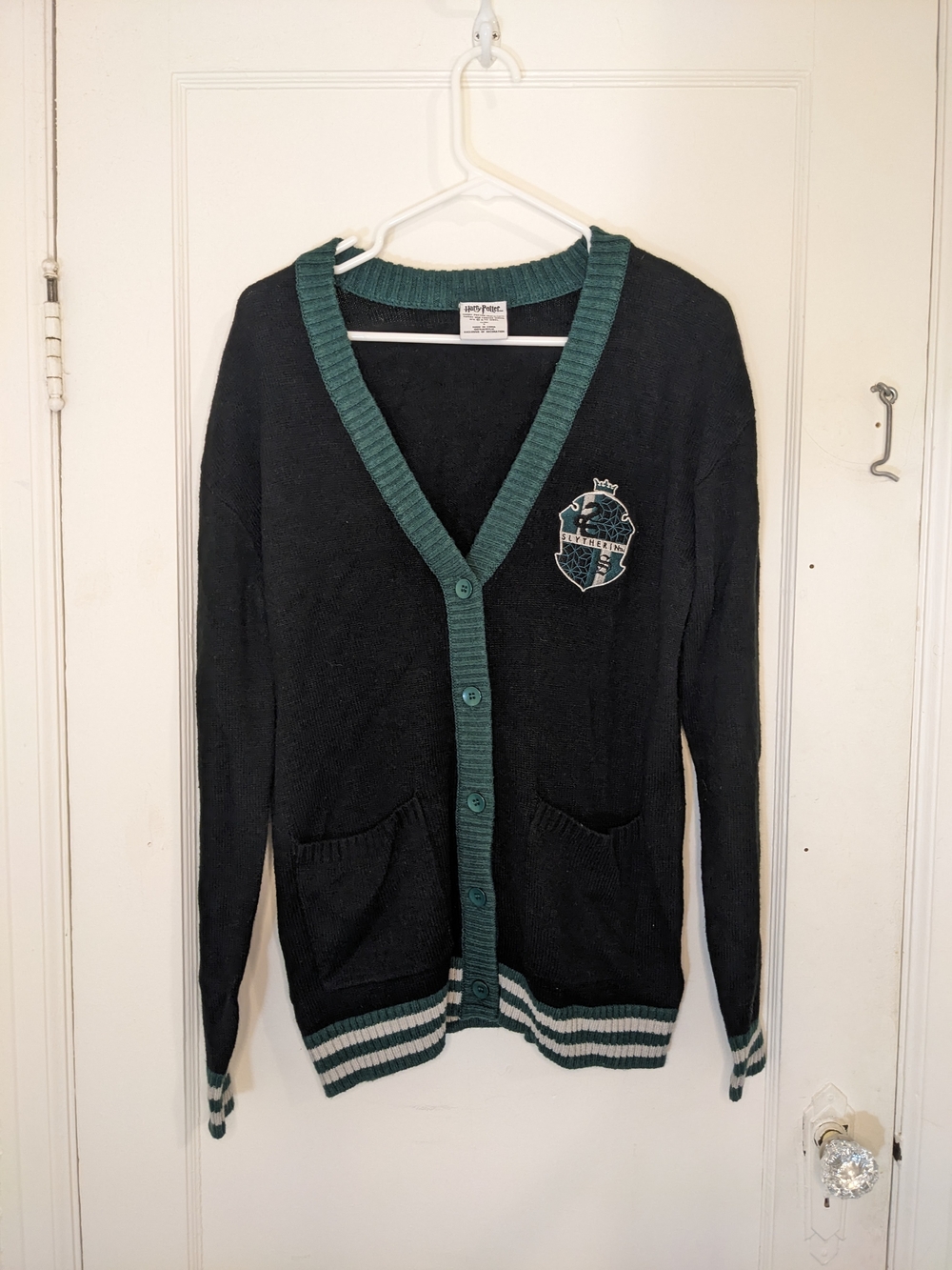 Slytherin Green-Trim Black V-Neck Cardigan with Crest